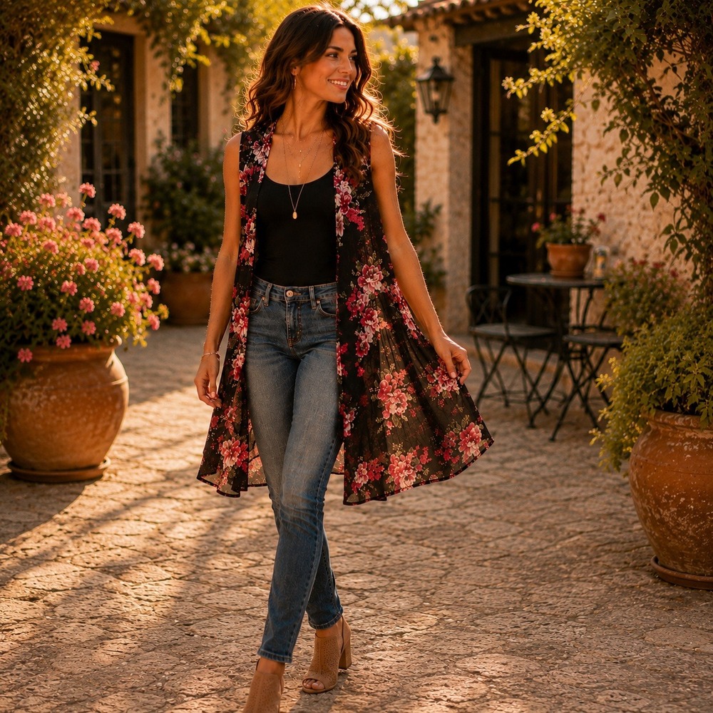 California Gypsy Black Floral Lace Kimono Womens Medium Duster Boho Romantic